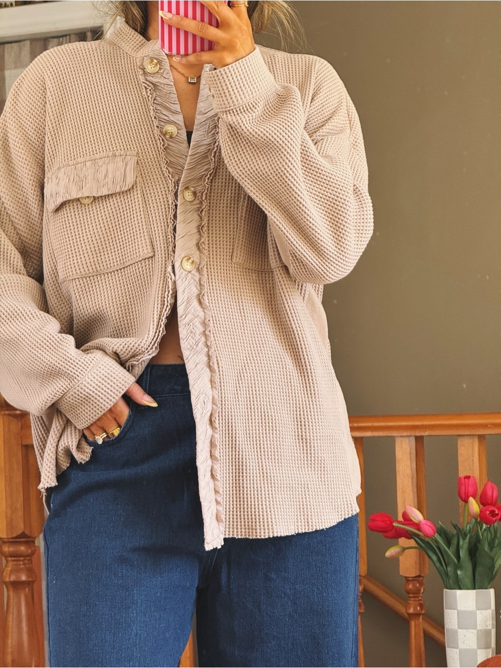 Amazon Beige Waffle Button-Front Utility Jacket - Picture 2 of 2